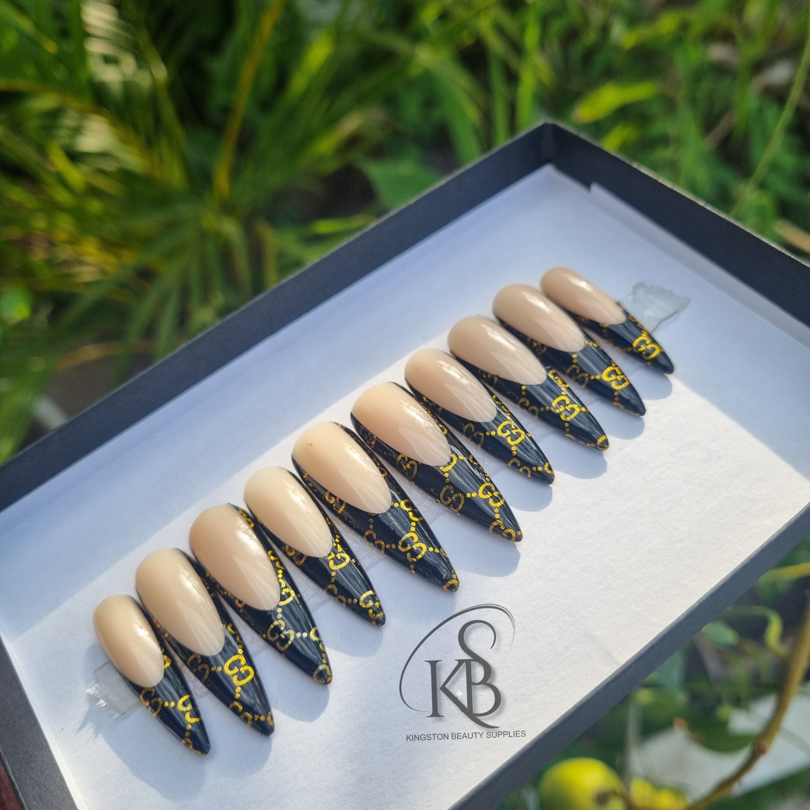 Handmade Luxury Gel Press On Nail XL Stiletto Black Gold Fashion Brand Luxe