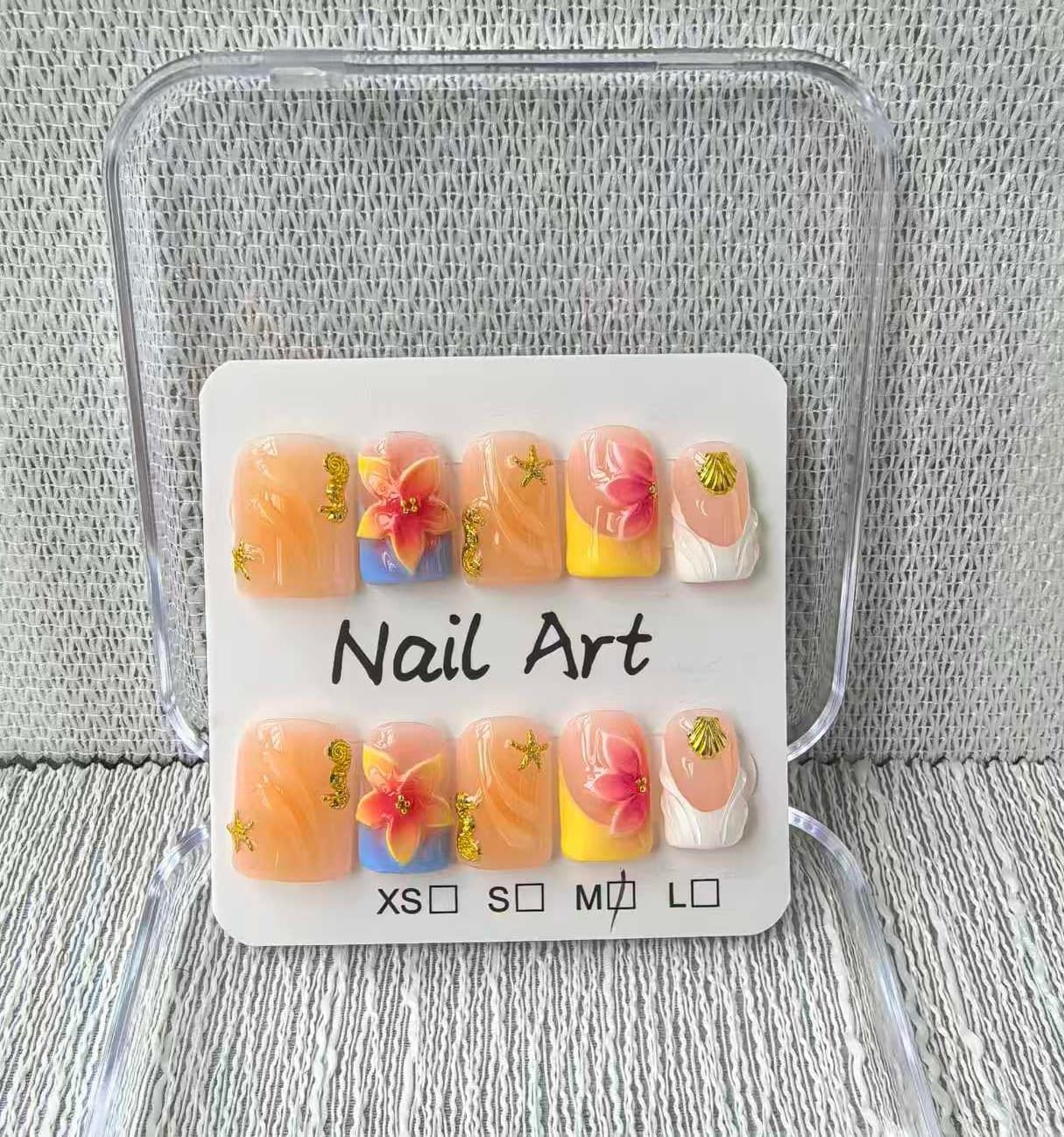 Short Blue French Tip Press-On Nails with 3D Flower Designs – 10pcs Acrylic Set