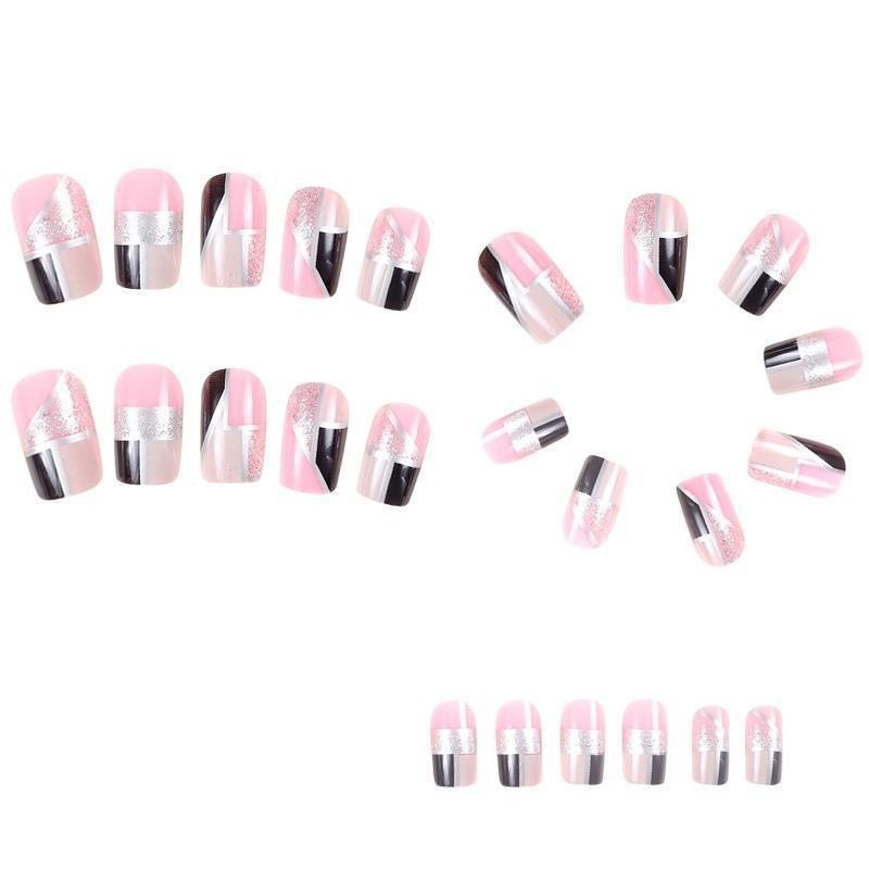 48Pcs-Short Square Press on Nails Pink Black Silver Glitter Geometric Fake Nails