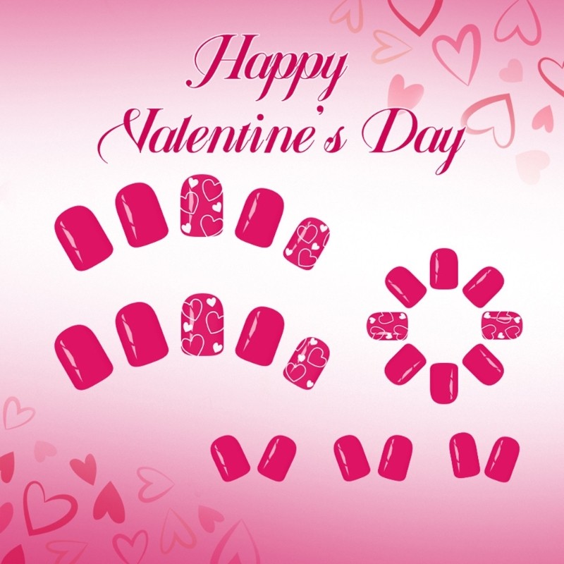 Valentines Day Press On Nail 24Pieces Short Square Fake Nail Pink Color