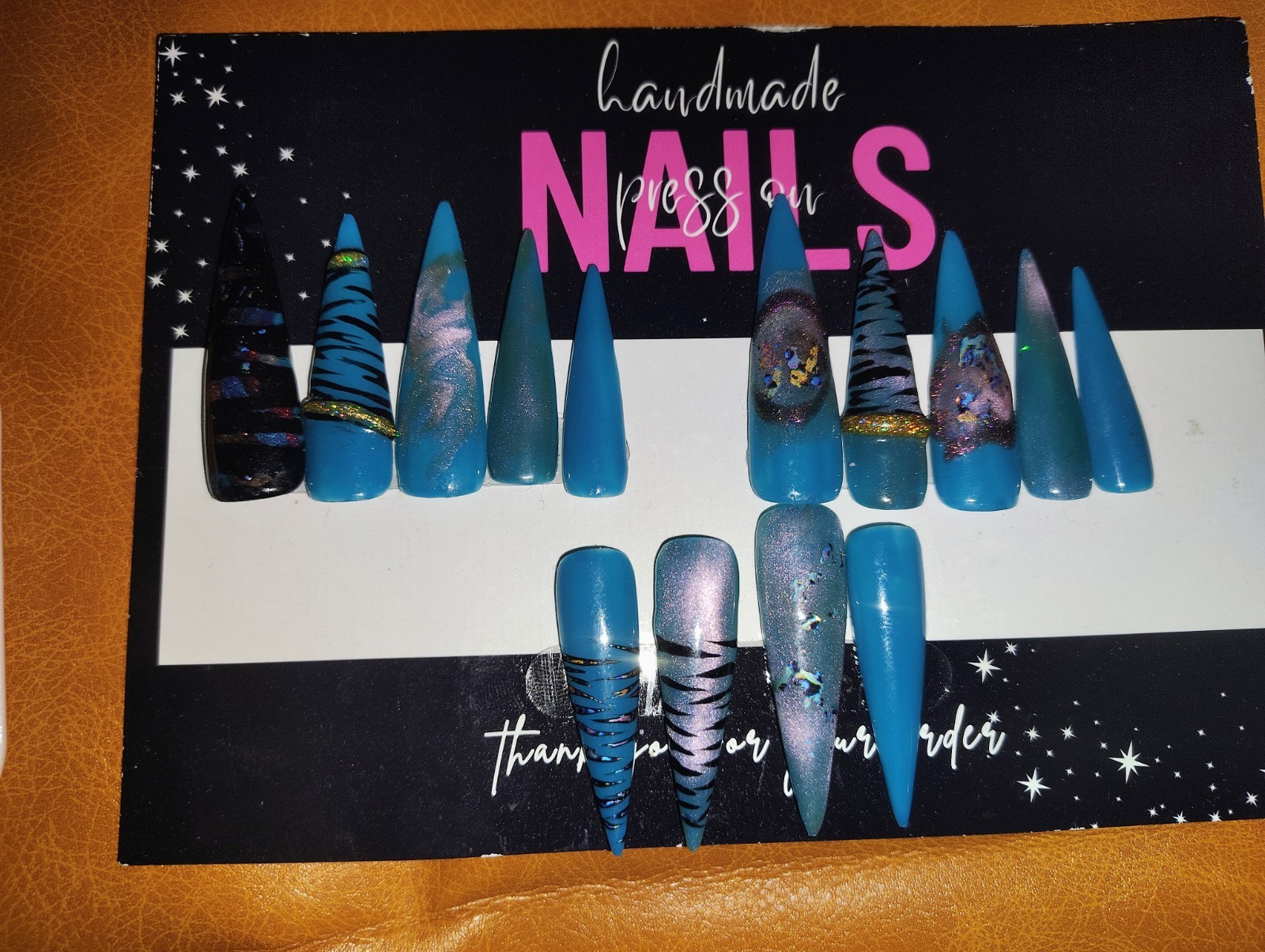 Blue/Black Glitter Zebra Acrylic Press-On Nails Long Stiletto Pre-Designed