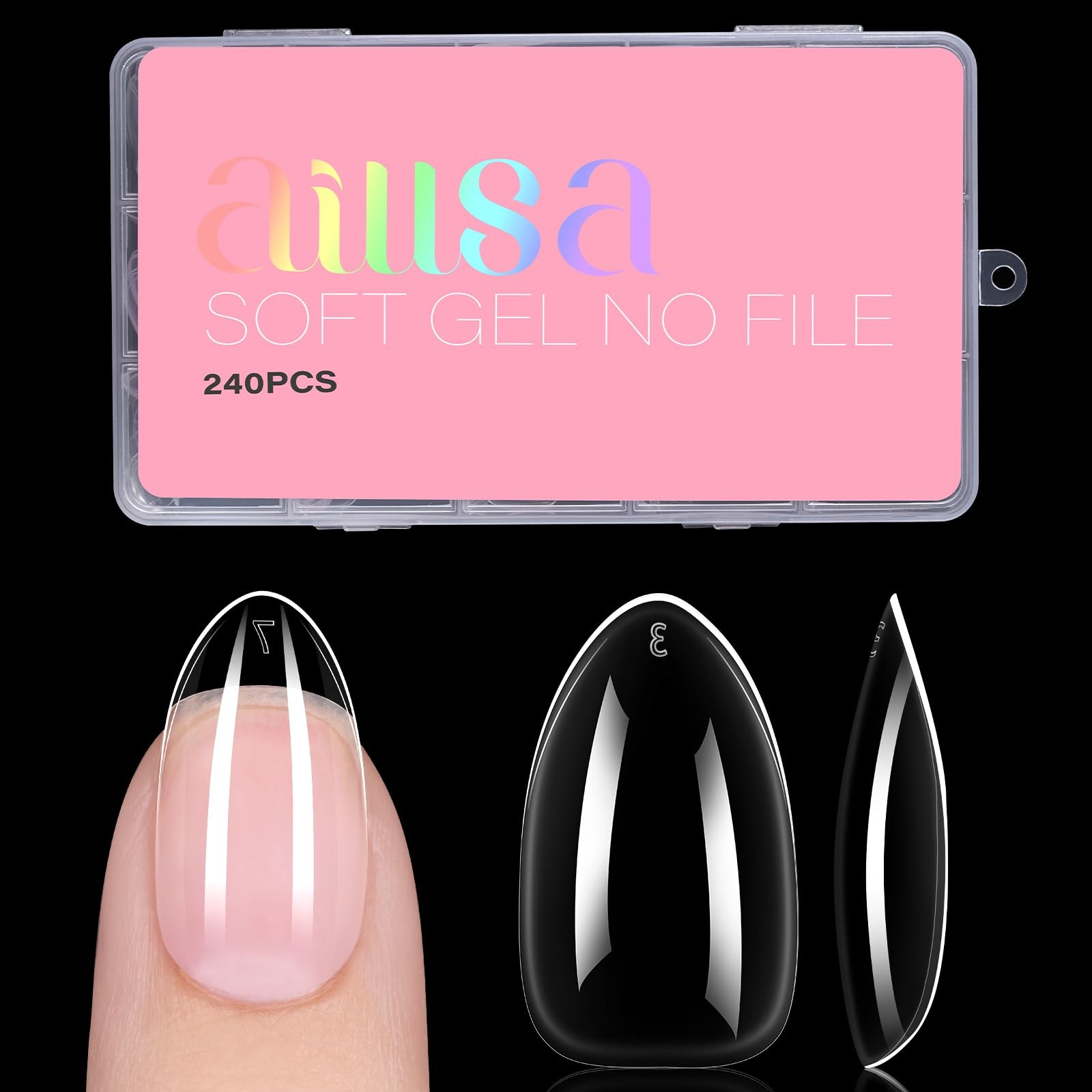 Short Almond Nail Tips, 15 Sizes 240PCS Preshaped Soft Clear Gel Nails Tips F…