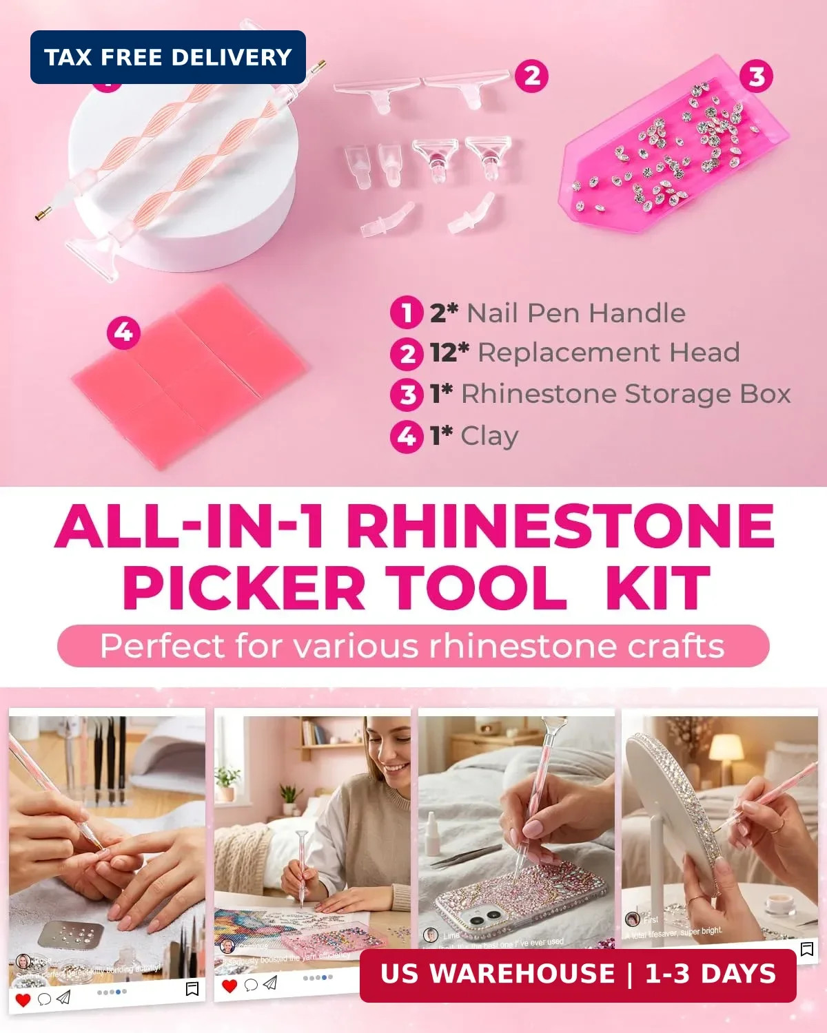 Rhinestone Picker Tool Kit: 2Pcs Rhinestone Picker Handle, Dual-Ended Rhinestone