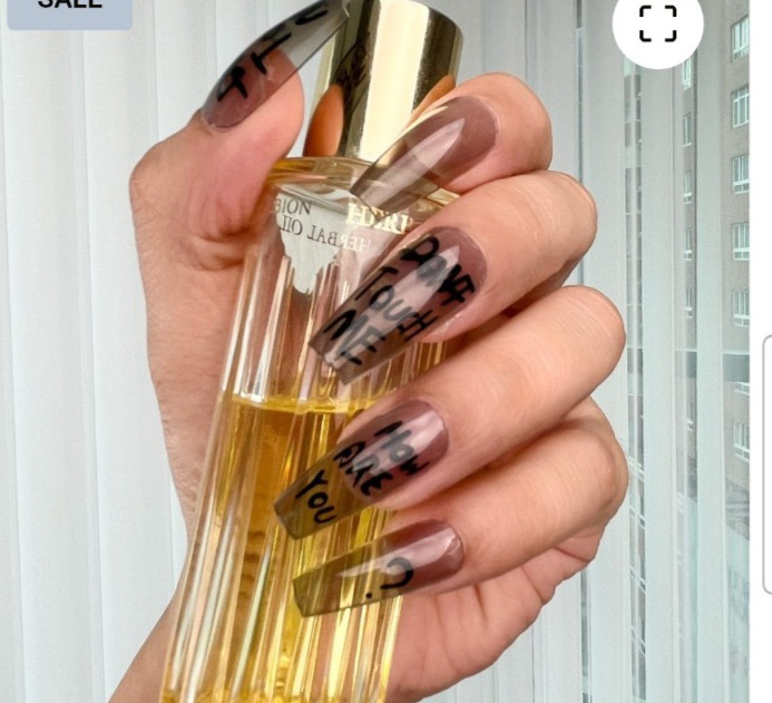 24 Pcs Press-On Nail Long Coffin Glossy – Light Gray w/Graffiti Messages