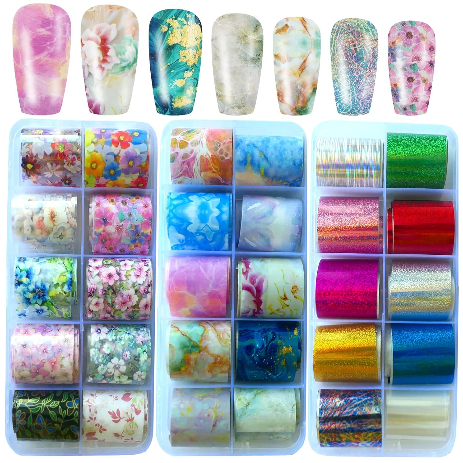 Create Stunning Nail Designs – 30 Sheet Foil Set – Marble Flower Holographic Art