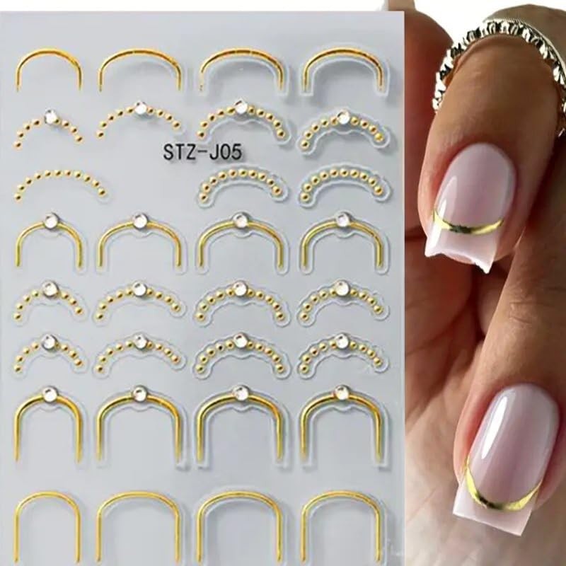 French Line Nail Art Stickers Decals 5D Embossed Tip Gold