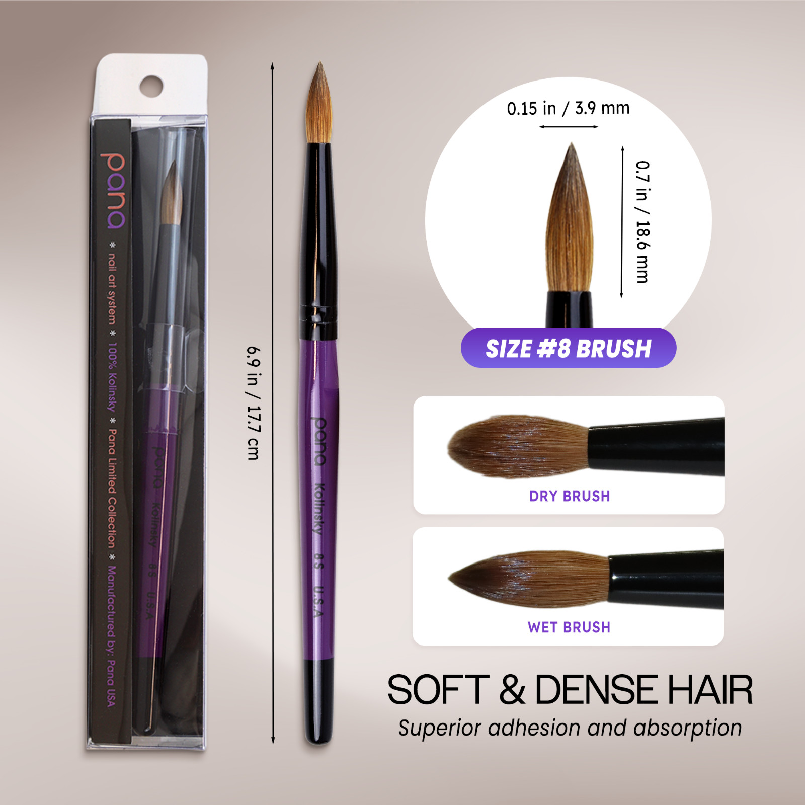 Pana Professional 100% Kolinsky Acrylic Nail Art Brush with Purple Wood Size 8
