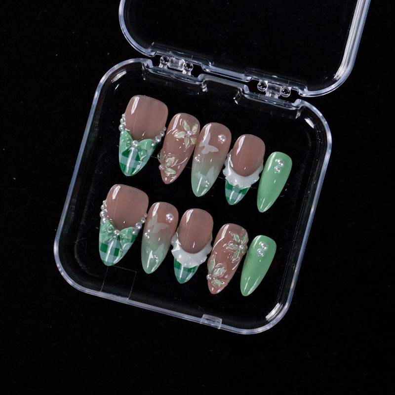 10pcs Green Almond Nails 3D Plaid Tip Flower Bow Pearl All Season