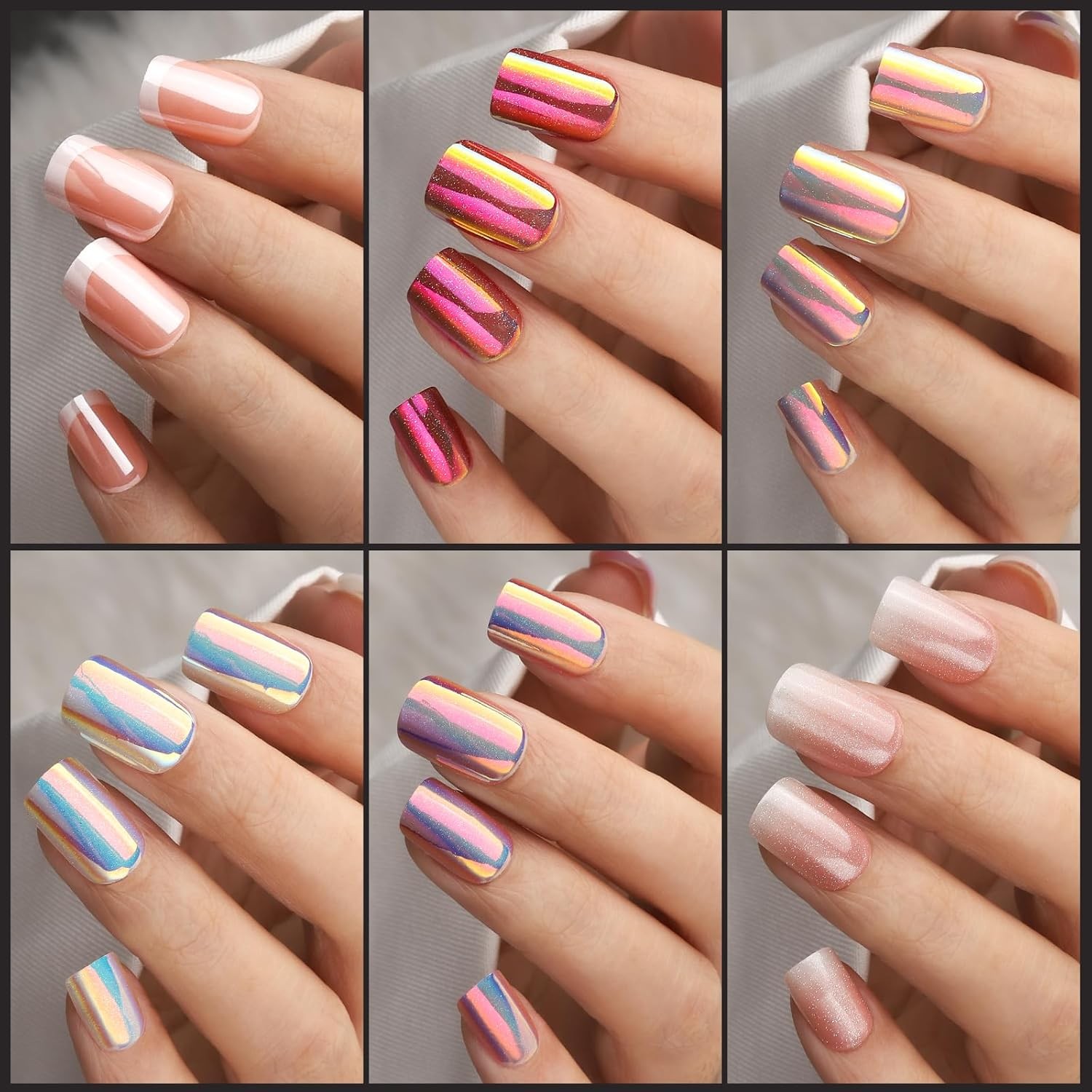 Press on Nails, 6 Colors Chrome Press on Nails Short, Cat Eye Nails Short Round,