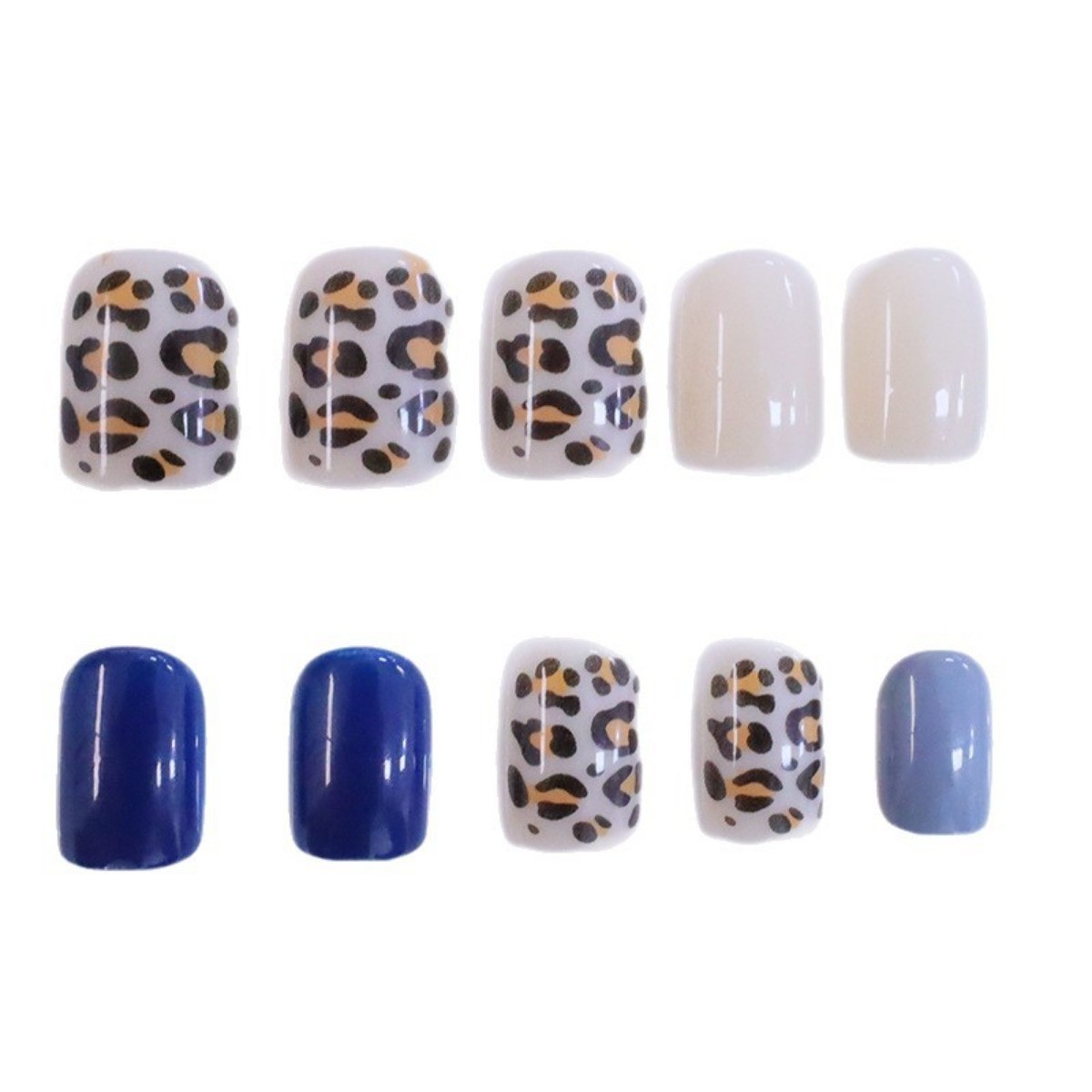 48pcs Short Almond Press on Nails, Blue Gray Cream Leopard Print Casual Nails