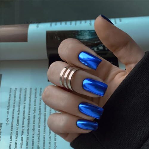Mirror Metal Royal Blue Press on Nails Medium Short Square square royal blue