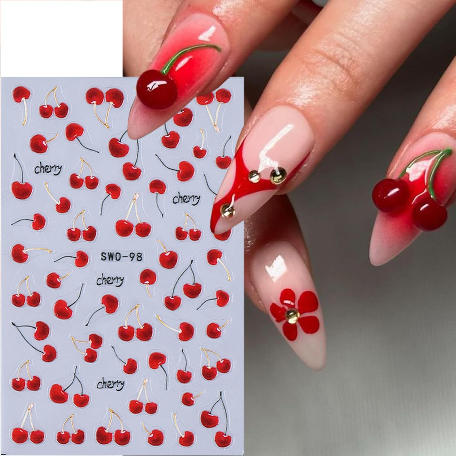 2 Sheets Embossed Fruit Nail Stickers for Nail Art Self-Adhesive Cherry 5D Na…