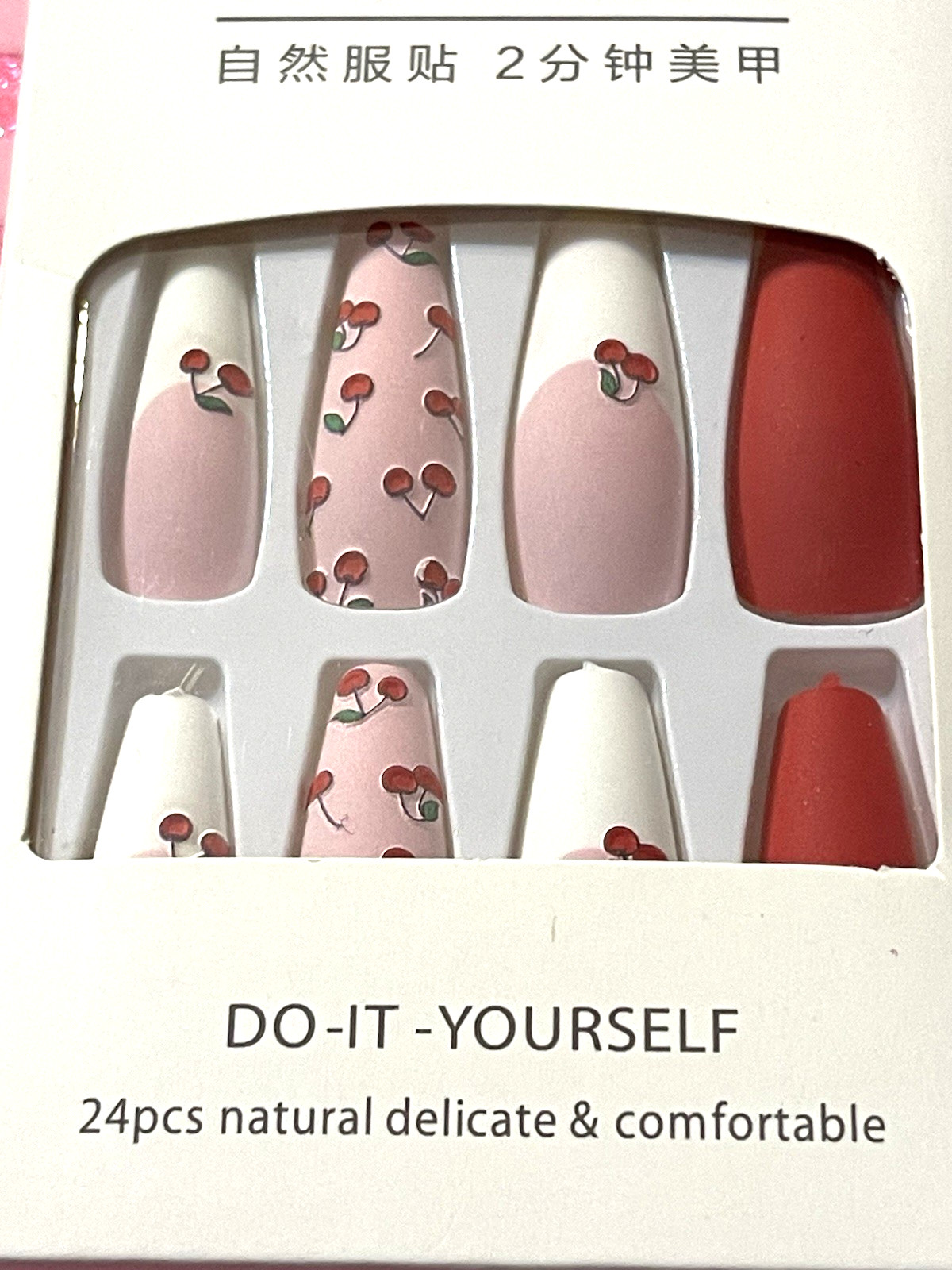 Nails Do It Yourself NUDE with WHITE FRENCH and CHERRY DETAILS Press On Manicure