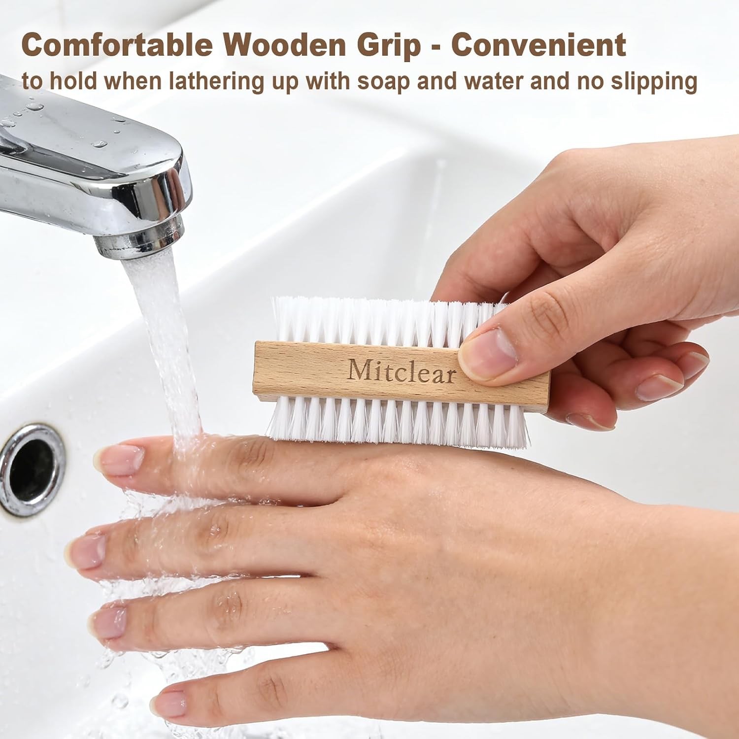 Mitclear Wooden Nail Brush, Nail Scrubbing Brushes with Hard Plastic Bristle