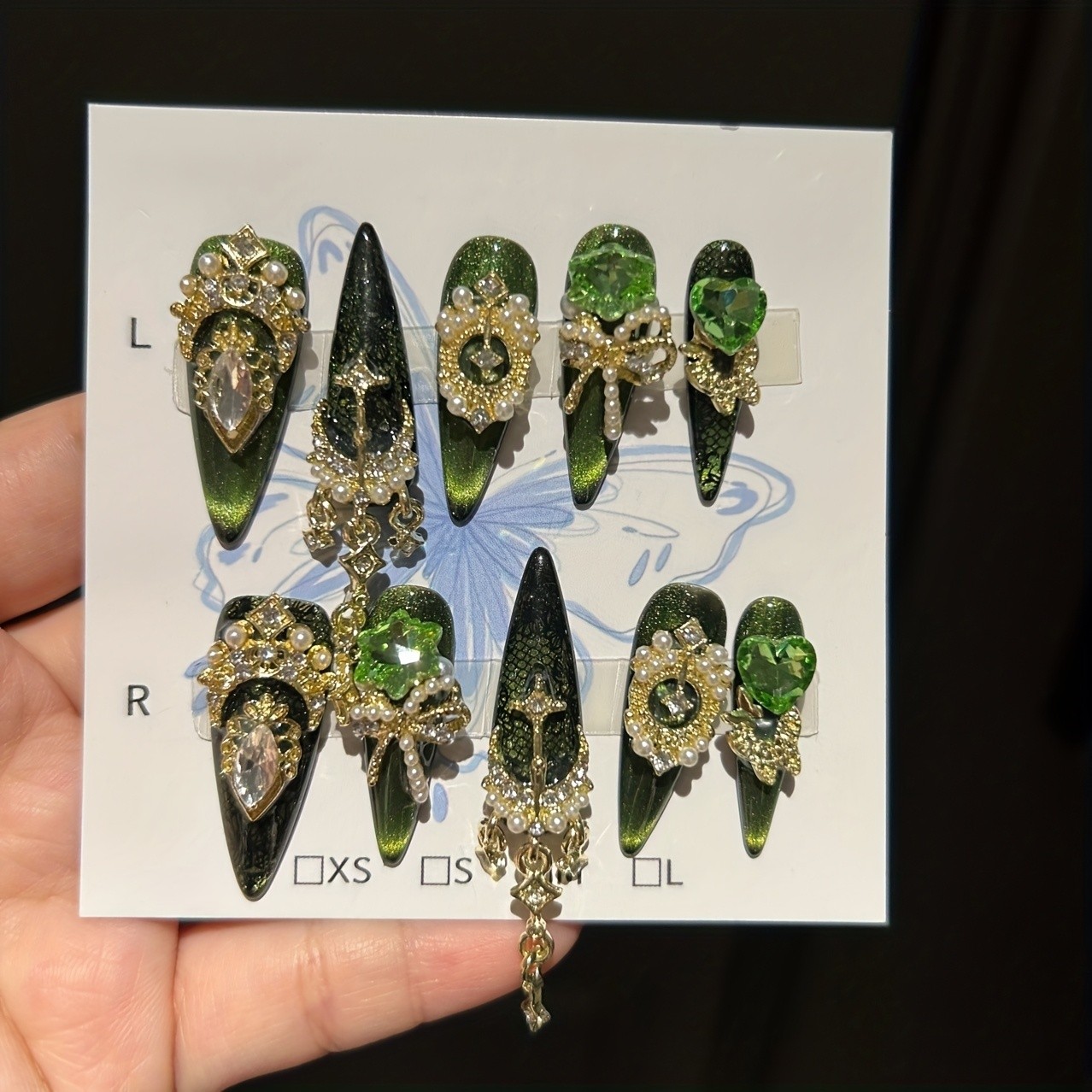 10 pcs handmade armor green cat’s eye lace bottom, flash heavy industry manicure