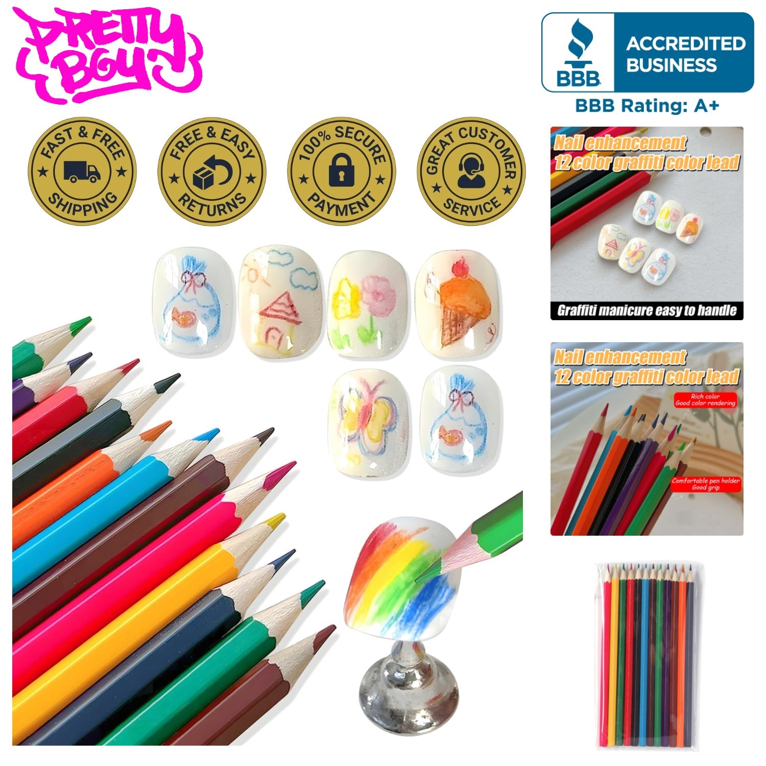 Deluxe Nail Art Pencil Set, 12 Smooth Colorful Pencils for Nail Design Crafts