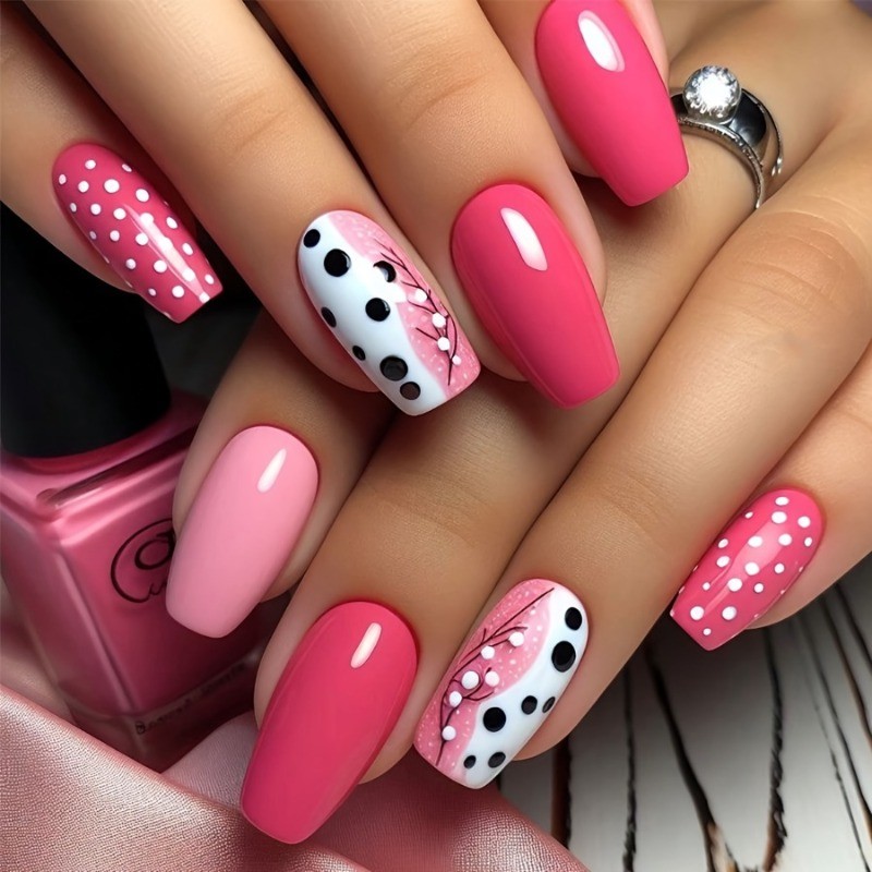 48 Cute Pink Nail Art Pieces, Detachable and Reusable, Suitable for Girls