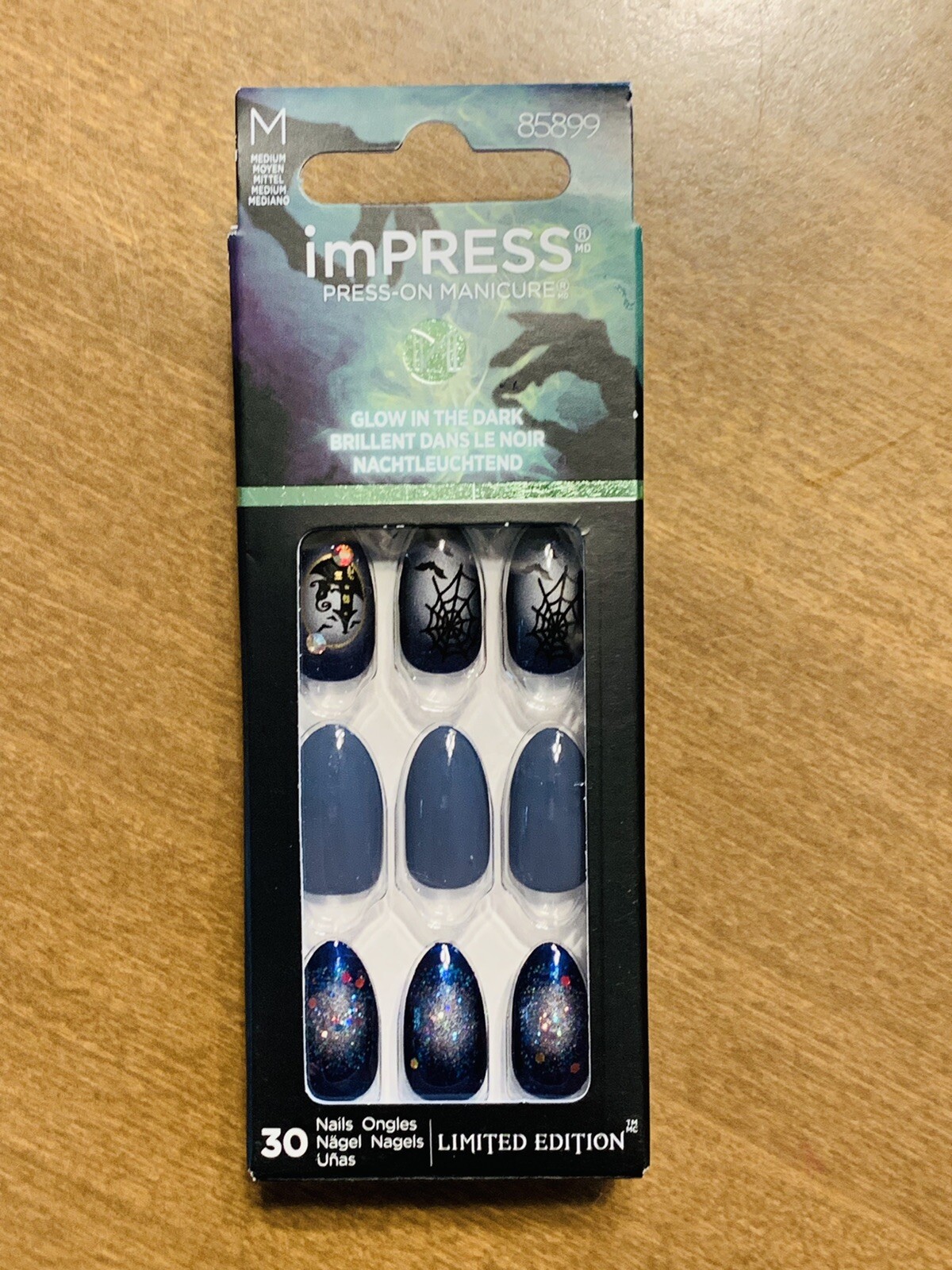NEW Kiss Nails Impress Press On Manicure Medium Almond Gray Blue Black Halloween