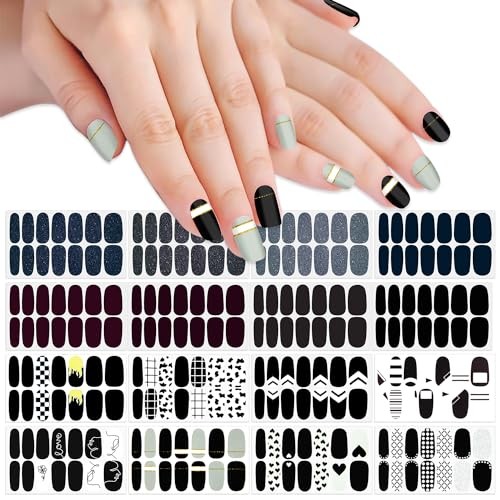 16 Sheets Black Nail Wraps Stick on Nail Polish Strips Gel Nail Black Color