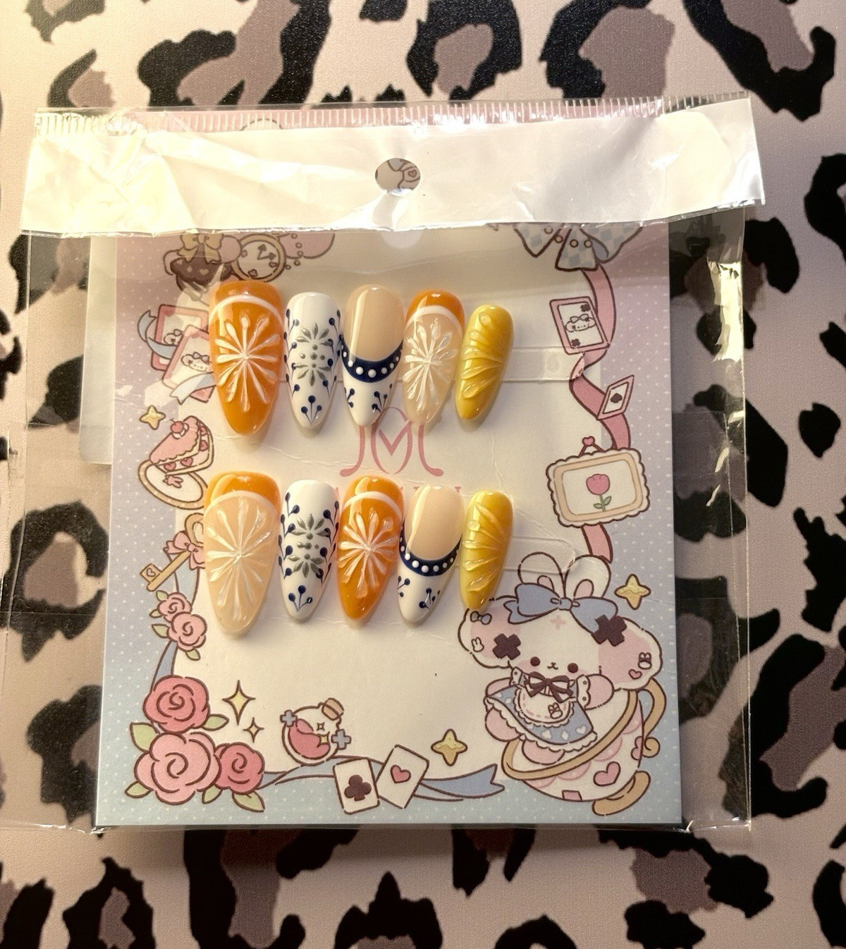 Press-On Nails Orange White Yellow 3D Fruit Full Cover Long Almond