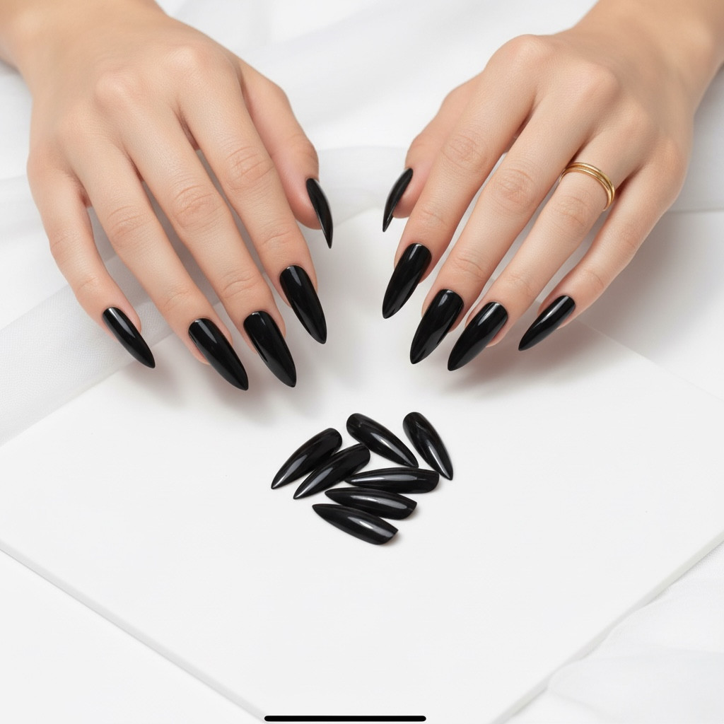 Black Glossy Halloween Design Sharp Stiletto Extra Long Press On False Nails