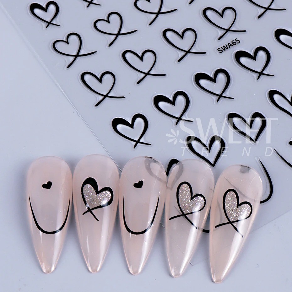 Nail Art Stickers 3D Black White Pink Lines Love Heart Nail Decals Adhesive 3PCS