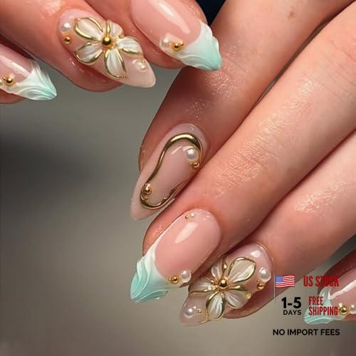 Press On Nails Almond Medium, Nude Pink Fake Nails, French Tip Nails Light Blue