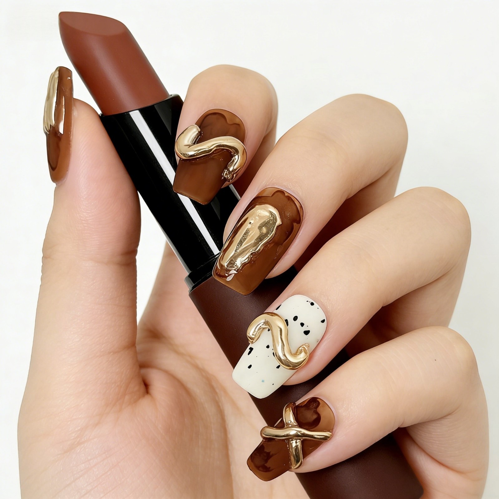 Vintage Metal Twist Brown Coffee Press-On Nails with Pearl Accent – Square Shape