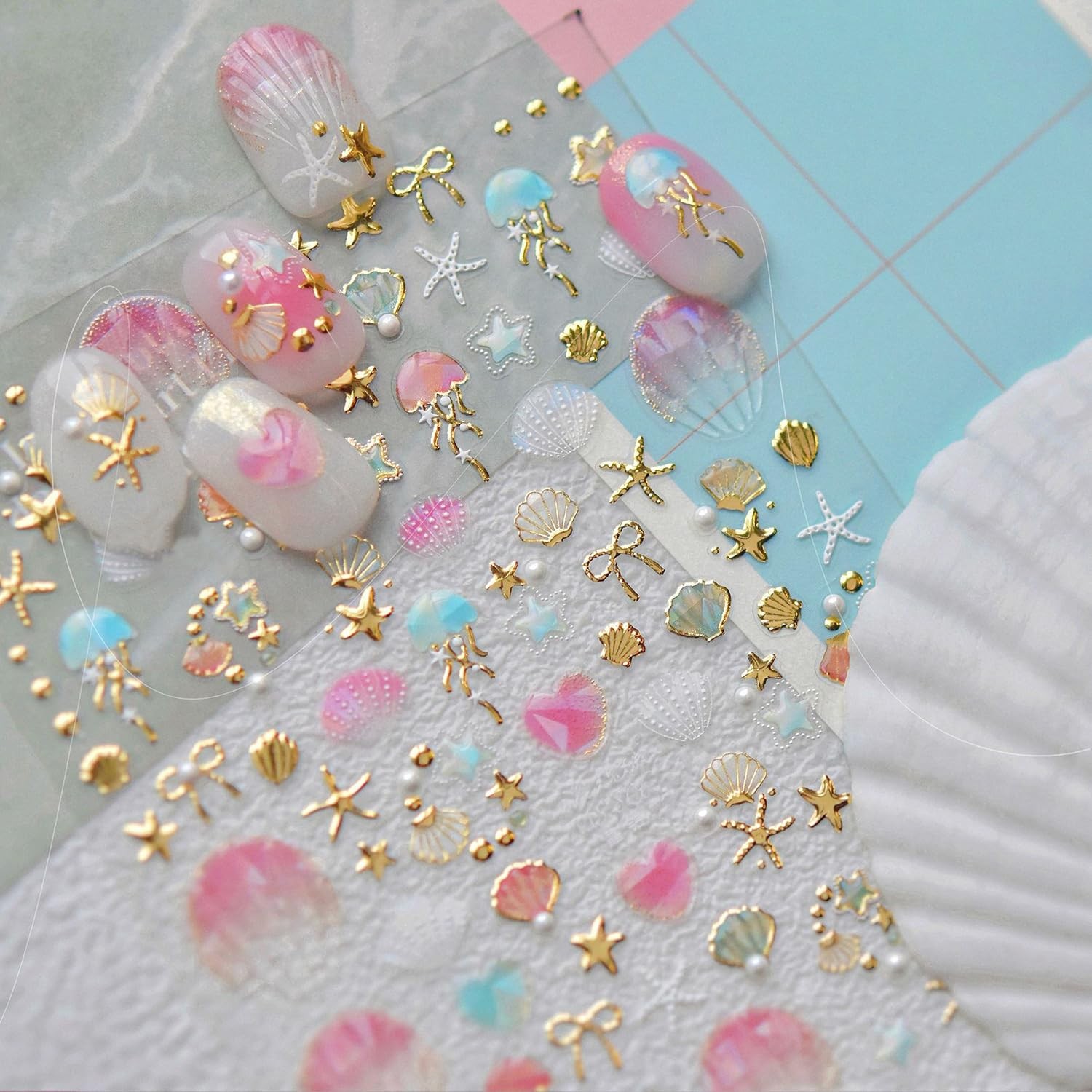 Summer Ocean Nail Stickers for Nails Art, -Adhesive Gold Shell Bow Stars Star…