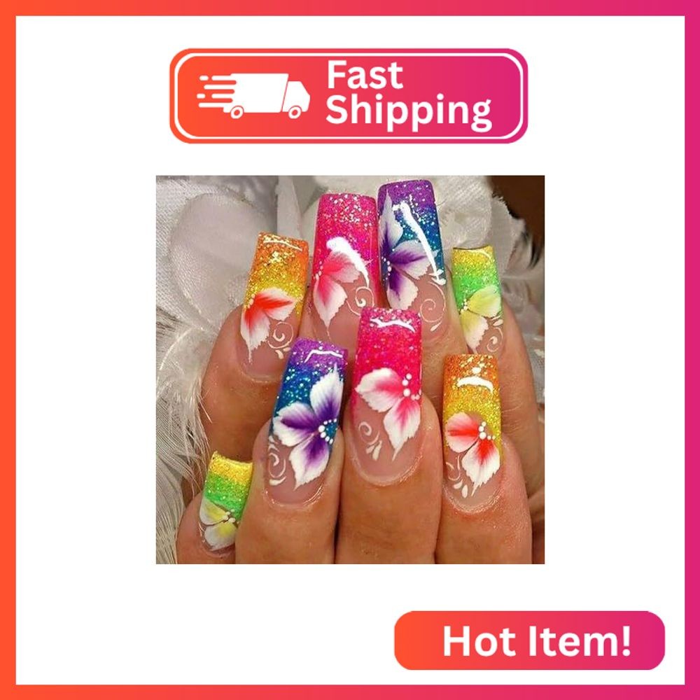 24Pcs Colorful Flower Press on Nails Coffin Long Fake Nails Glitter French Tip F