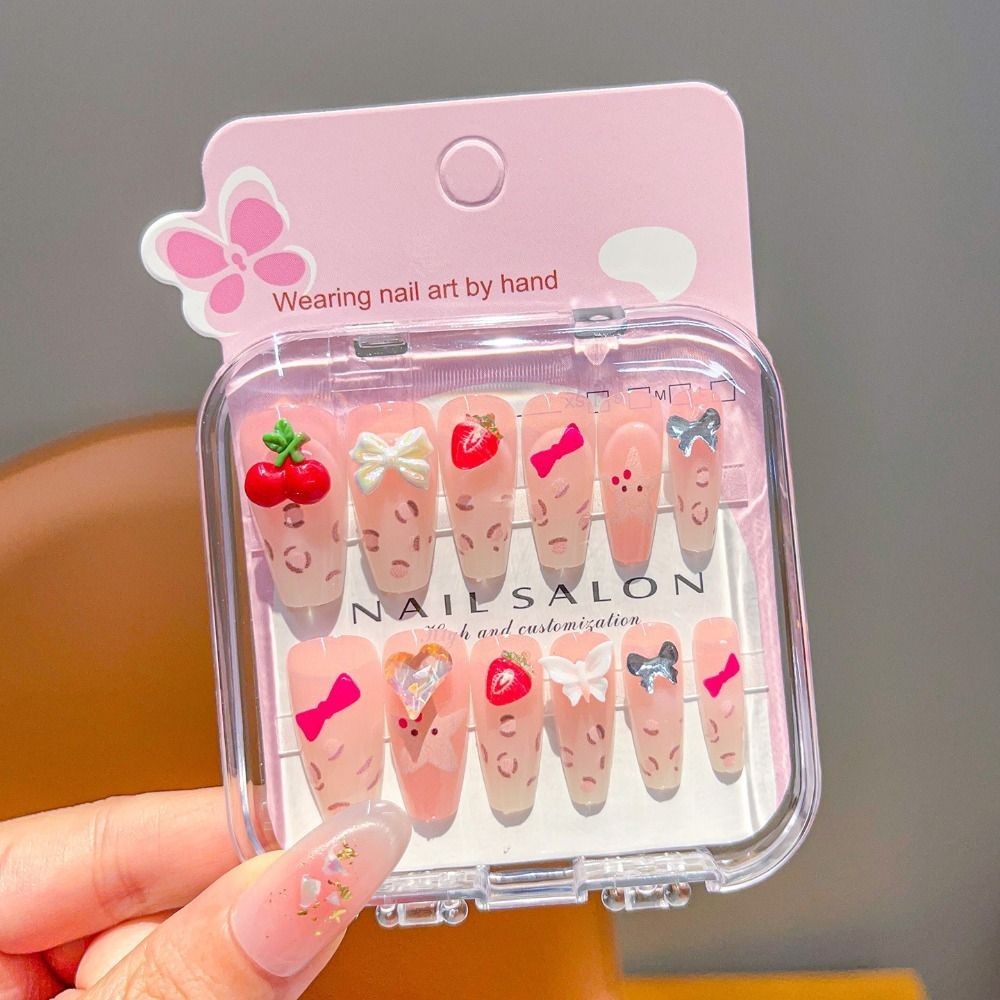 Cartoon Children Wearing Nails Cute Cherry Love Heart Long Nail Sticker Nail Tip