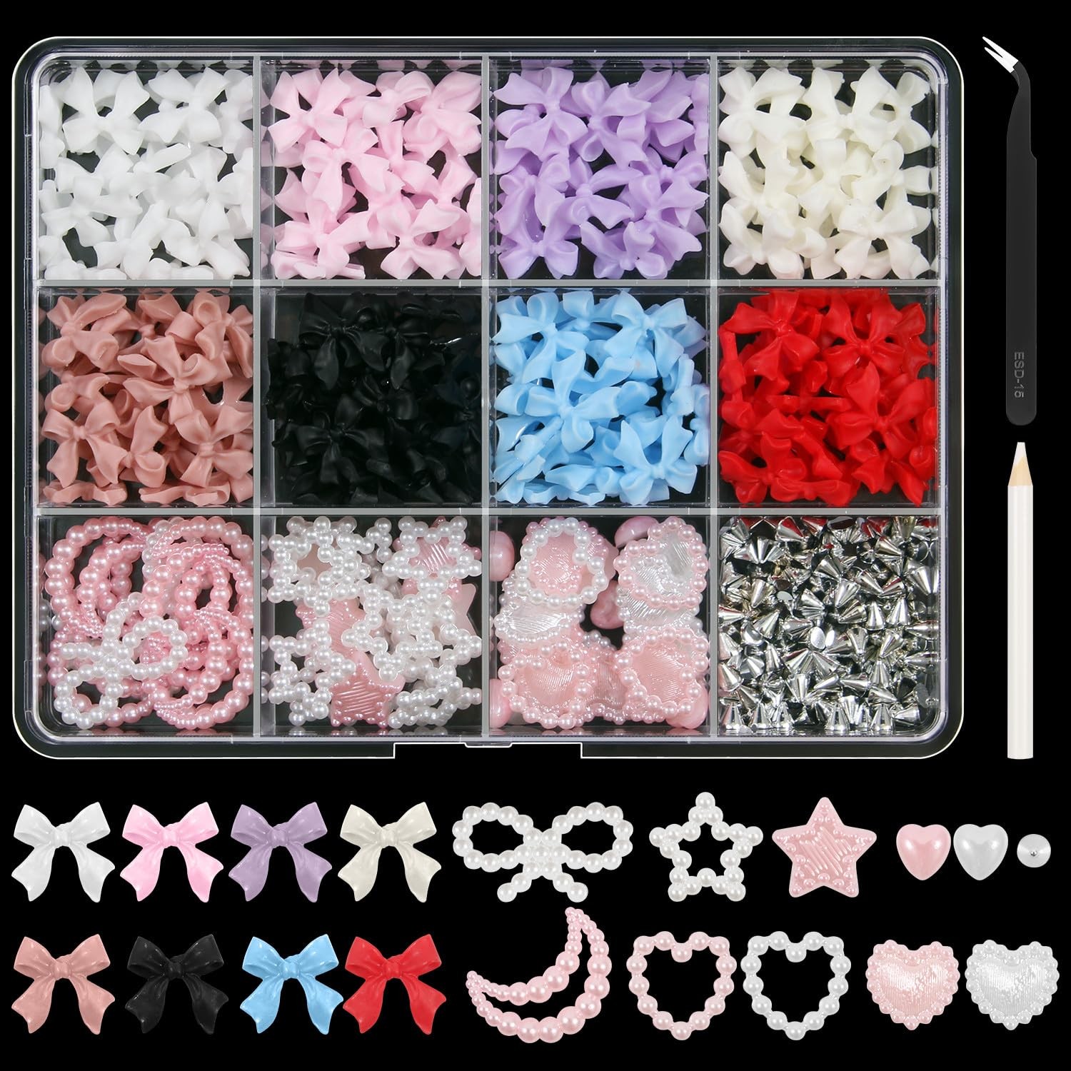 Nail Art Studs Kit – 12 Grids, 8 Colors 3D Charms, Stars, Hearts,Moons for Nails