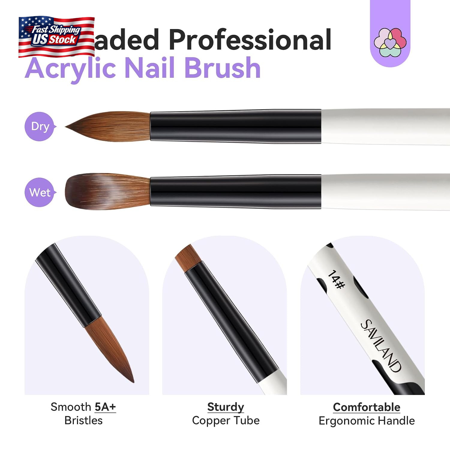 Saviland 3Pcs Acrylic Nail Brush Set, Size 8/10/14 Kolinsky Acrylic Nail Brushes