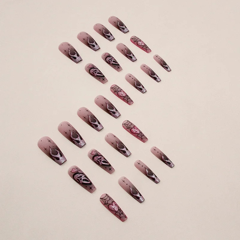 24pcs 2026 Halloween Scary Skull Love Print Press On Nails Glitter Pink Sequins