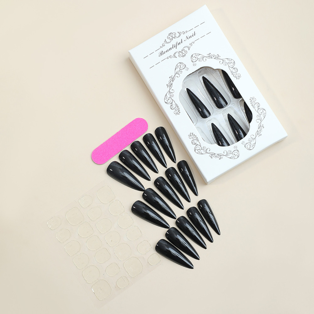 24PC Black Long Fake Nails Tips False Nail Full Cover Removable Artificial