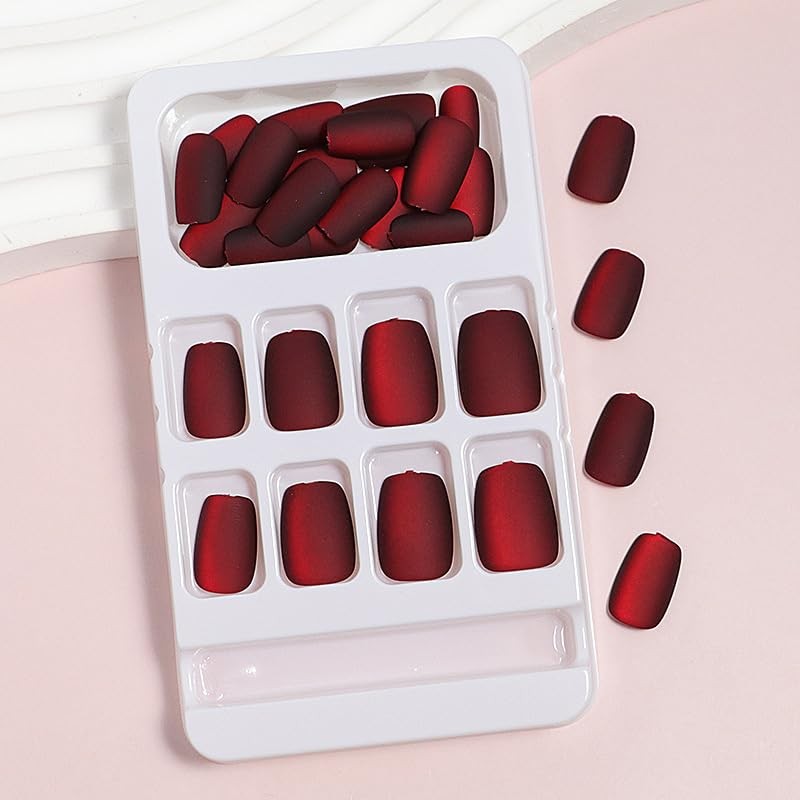 Wine Red Fake Nails Square Press on Nails Short Square (Pack of 30) Style 26