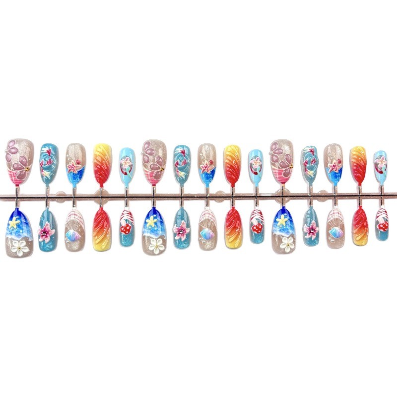30Pcs-Colorful Fake Nails Medium Almond Ocean Goldfish Mushroom Tropical Nails