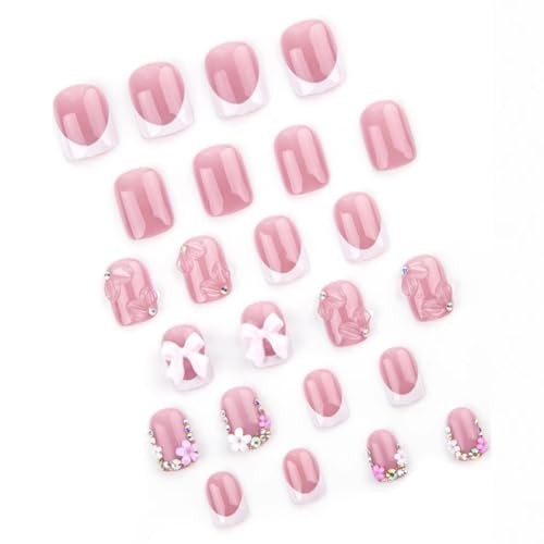 Pink Press on Short Square Fake Nails with 3D Bow Charms Standard Dark Pink