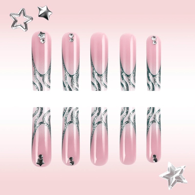 48 Sweet Pink Silver Star Fake Nails Removable Fake Nail Art, Suitable for Women