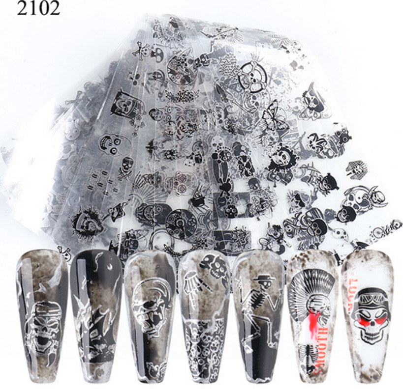 10pcs Skull Black White Scary Halloween Nail Art Foil Transfer Decals Manicure