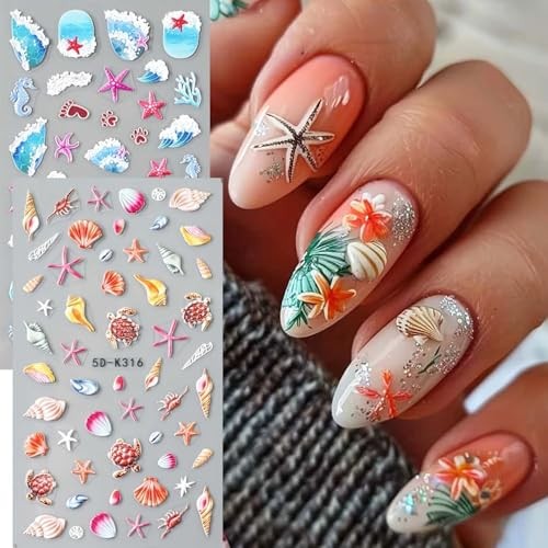 Summer Ocean Nail Decals 5D Embossed Nail Art Sticker 2PCS Style4-Summer Ocean