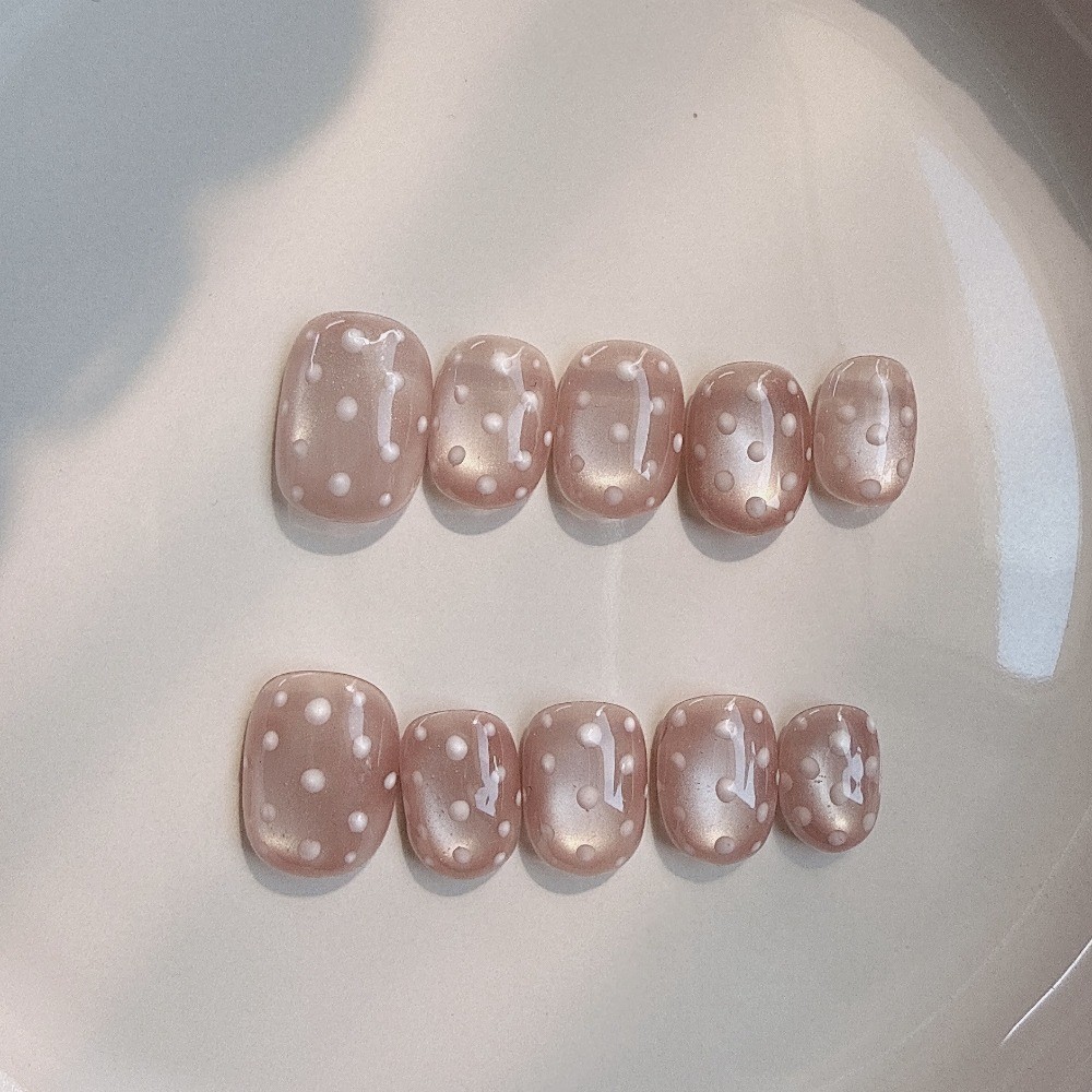 10Pcs Short Square Oval Polka Dot Nails Glass Bead Elegant Daily Nails