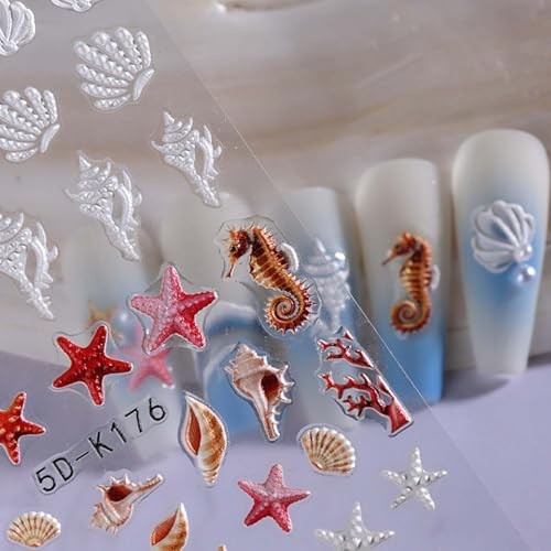 Summer Ocean Nail Decals 5D Embossed Nail Art Sticker 2PCS Style4-Summer Ocean