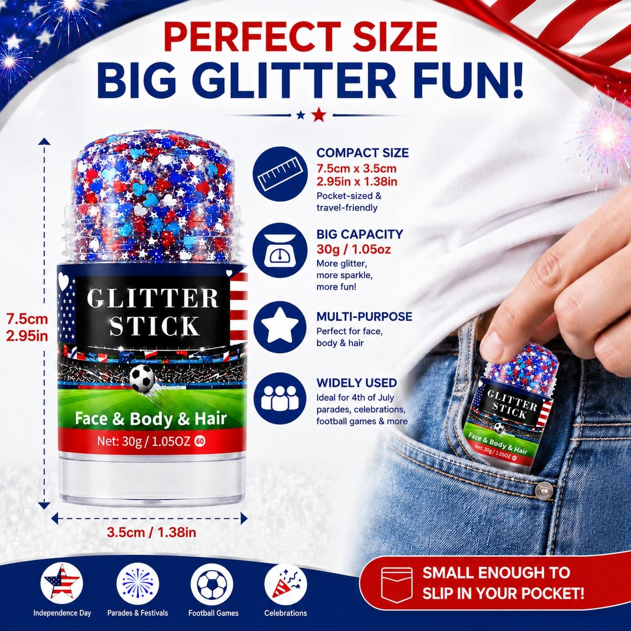 Red White Blue Glitter Stick for Hair Body, Waterproof Patriotic Glitter with…