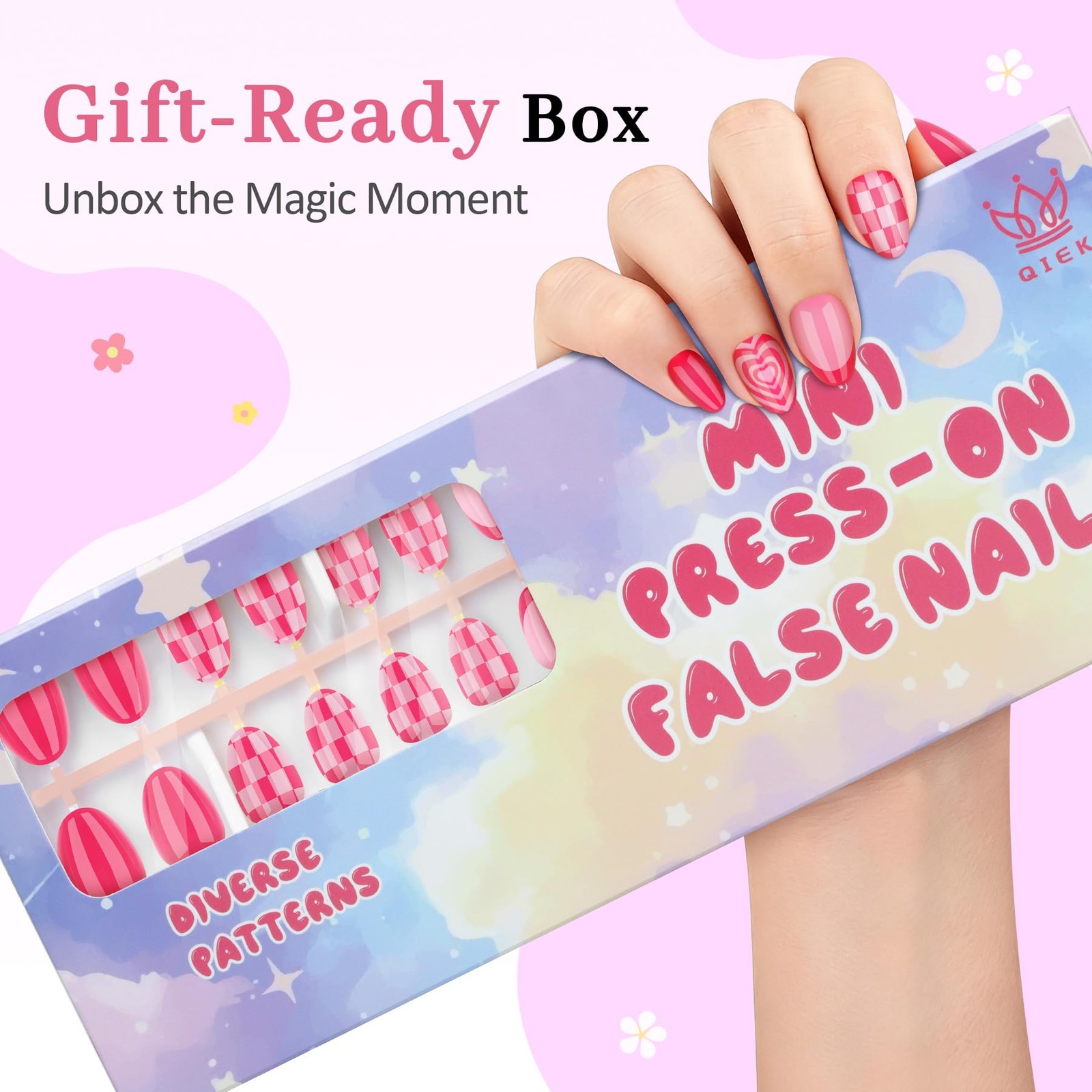 QIEK Rose Pink Grid Kids Press On Nails 1 Pack