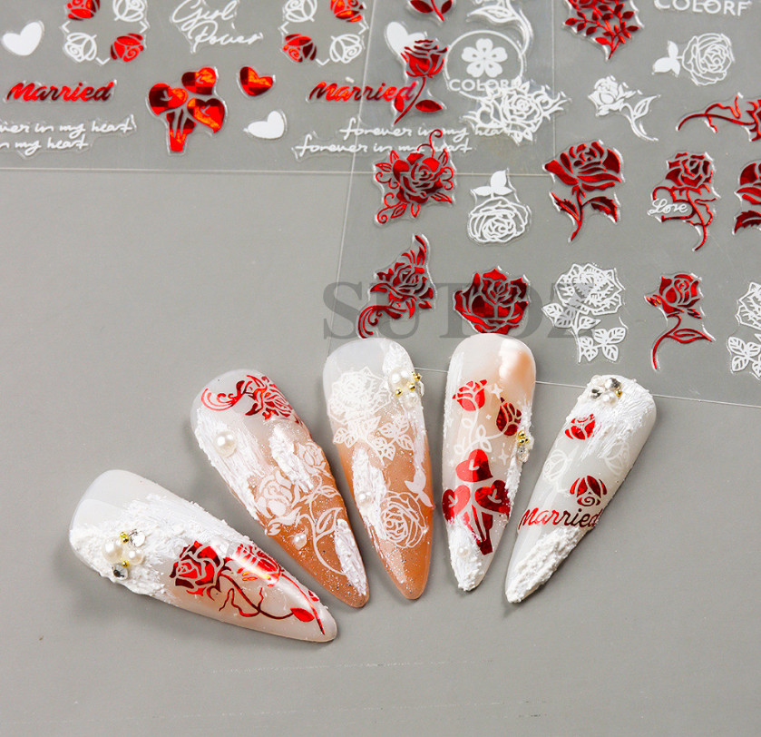 3D Nail Art Stickers Red White Mr & Mrs Rose Heart Kiss Valentine Bride NH11