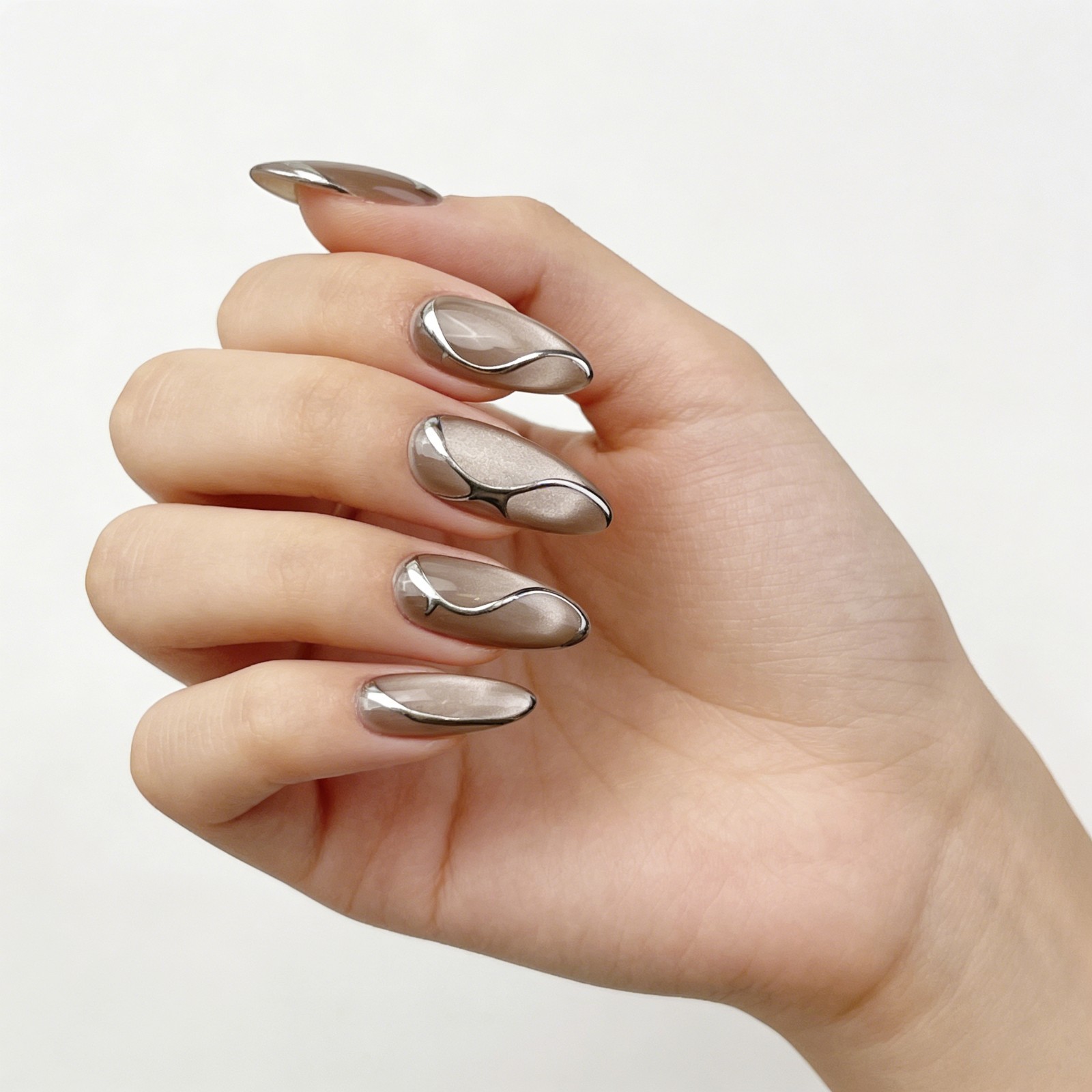 Futuristic Metallic Chrome Press On Nails, Handmade Grey Cat Eye Base Fals Nails