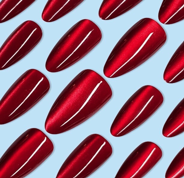 24 RED CHROME Press On Nails Metallic shiny Glue On Kit medium almond stiletto