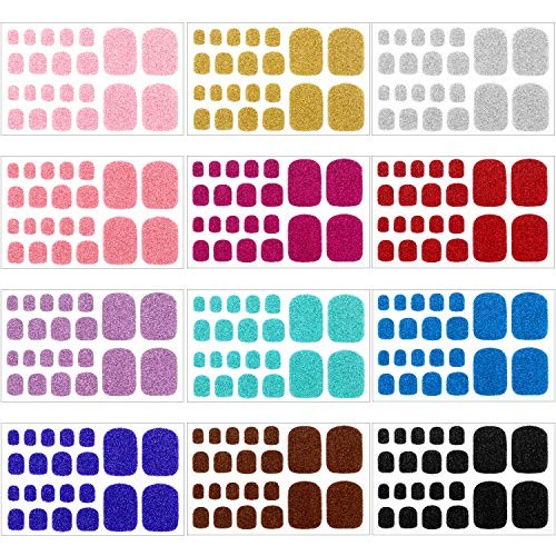 12 Sheets Glitter Toe Nail Wraps Self-Adhesive Toe Nail Polish Stickers Solid
