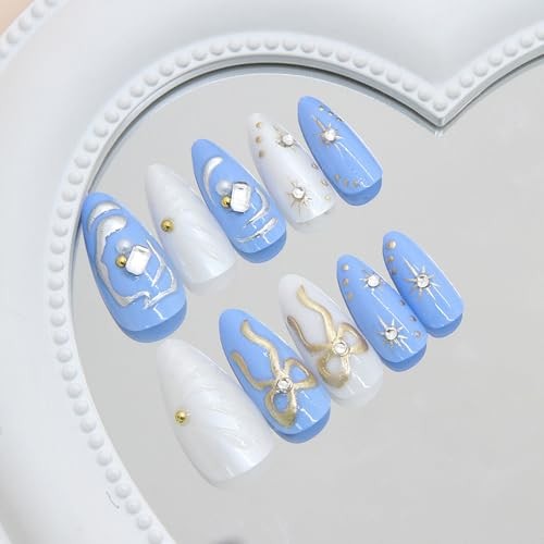 Press on Almond Nails Medium Length Glossy Full Cover Gold Bow Star Beads